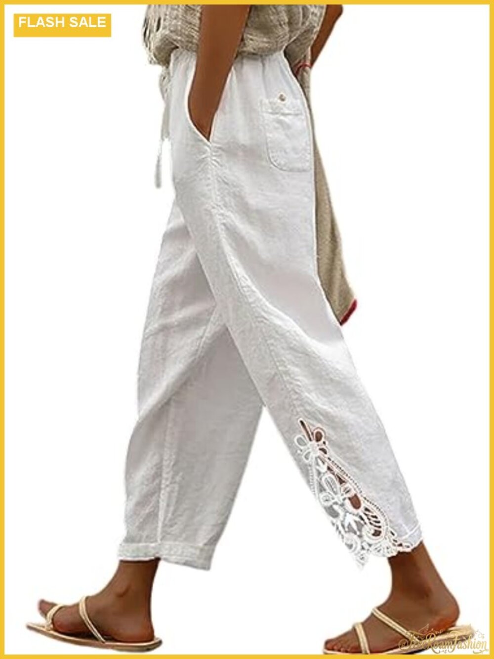 Women's Cotton Capri Pants with Lace Hem, Drawstring Waist & Pockets